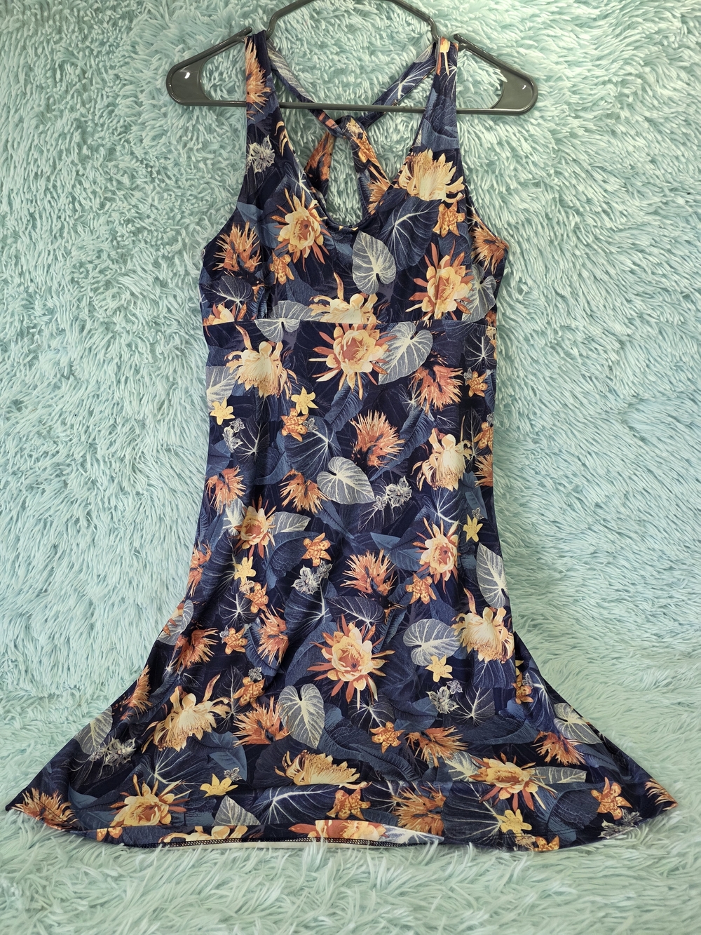 Patagonia Navy Midi Dress with Peach Floral Print‎